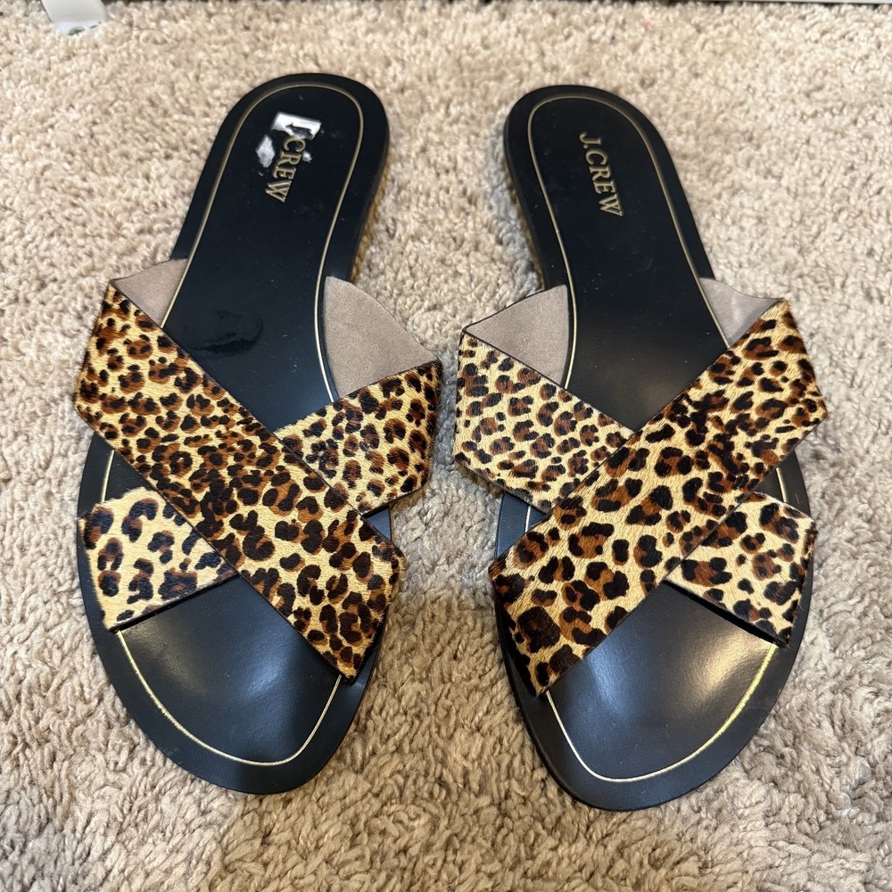 J.Crew Sandals Shoes Womens Size 10 Brown Leopard Animal Print Slide Flat